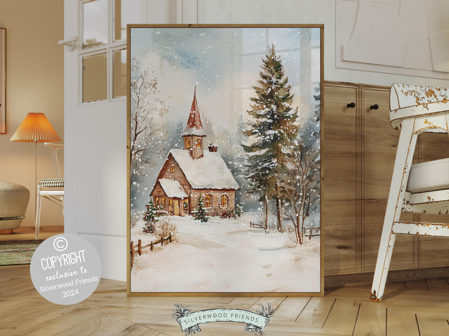 Celebrate the beauty of the season with this enchanting Christmas church print, featuring a cozy church nestled among snow-covered pine trees and softly falling snow.