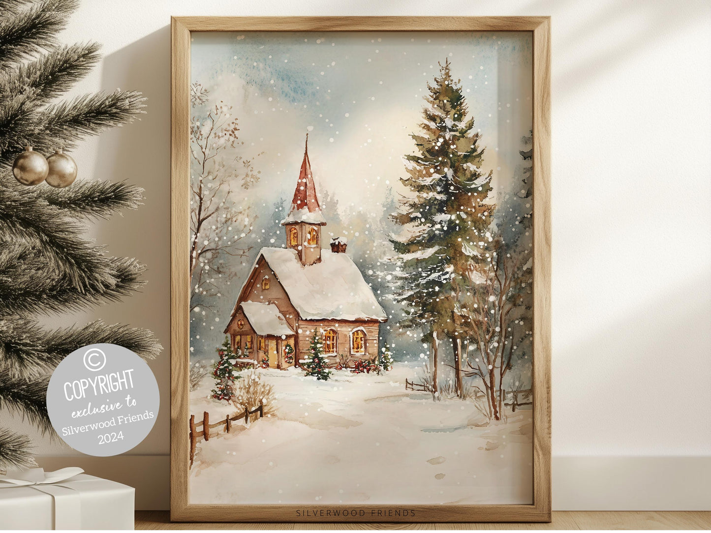 Vintage Christmas Church Print, Christmas Wall Art, Festive Christmas Holiday Decor Printables, Farmhouse Cottagecore Decor Digital Print