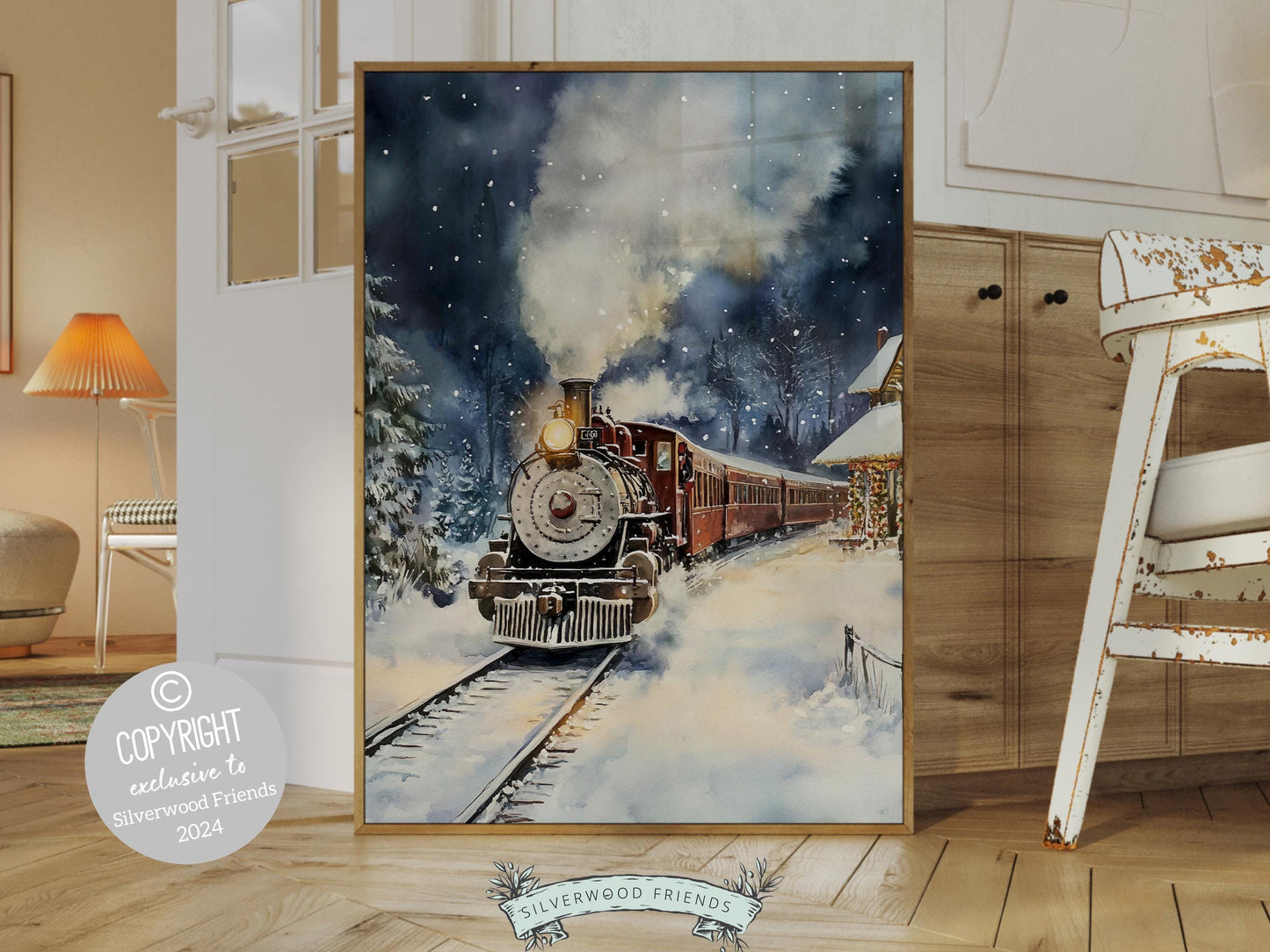 Vintage Christmas Print, North Pole Christmas Train Wall Art, Kids Christmas Holiday Decor, Kids Transport Train Nursery Decor Digital Print