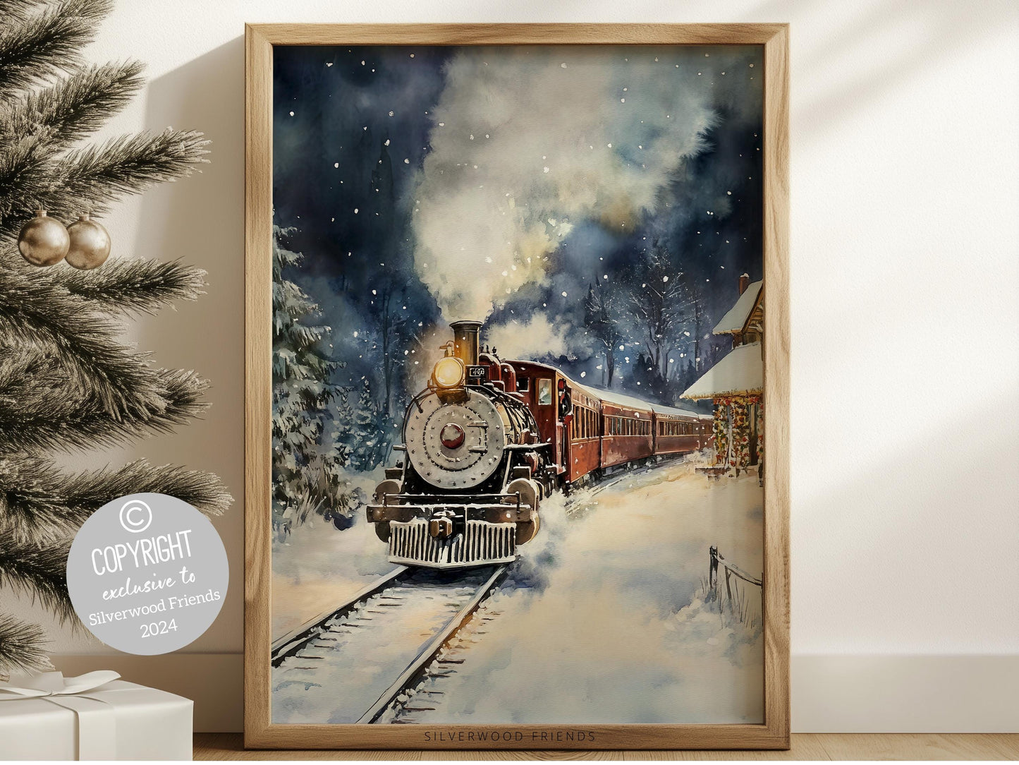 Delight both adults and kids alike with this enchanting Christmas print, featuring a train chugging through a snowy winter night on its way to the North Pole.