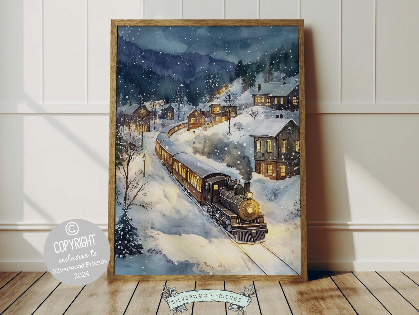 Delight both adults and kids alike with this enchanting Christmas print, featuring a train chugging through a snowy winter night on its way to the North Pole.