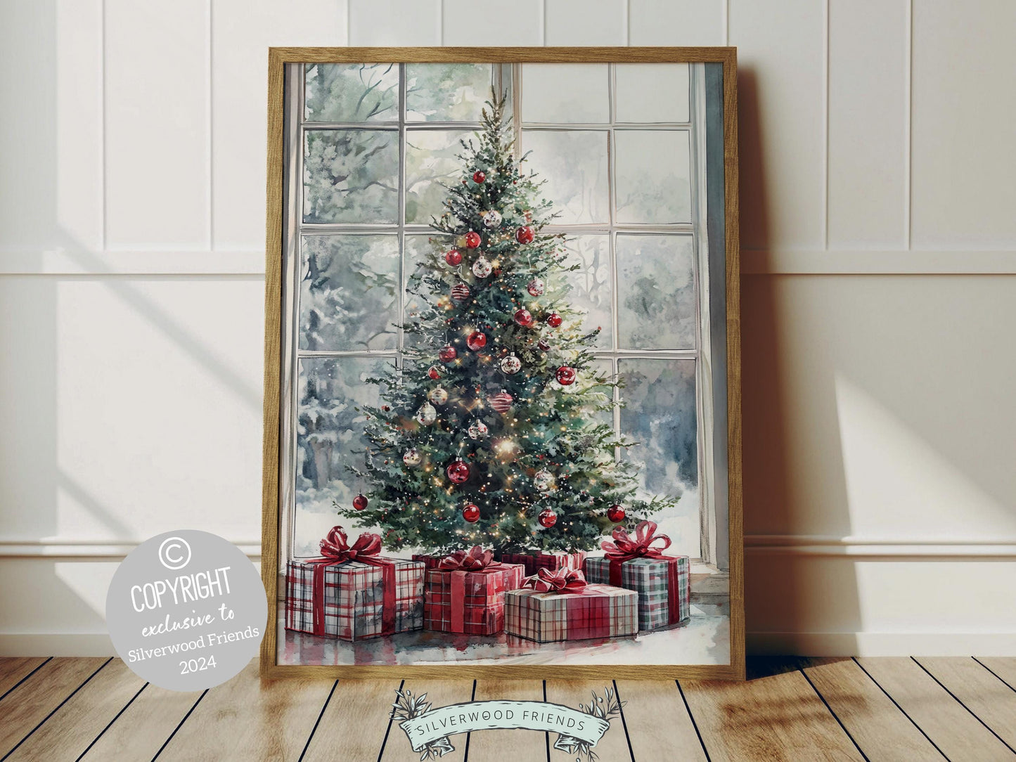 Bring festive magic to any space with this enchanting Christmas tree print, showcasing a beautifully decorated tree with presents beneath.