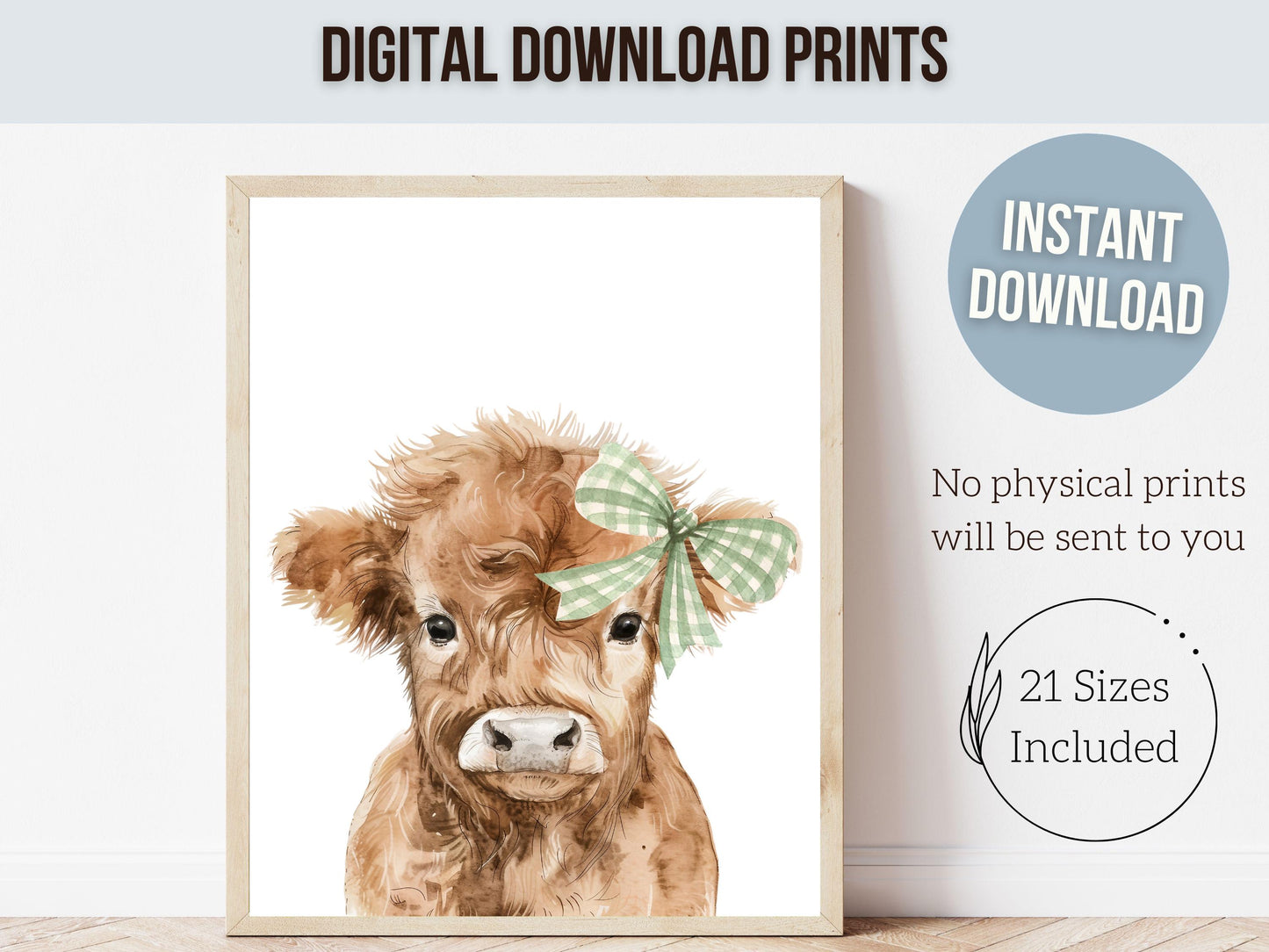 Highland Cow Nursery Print, Sage Green Highland Cow Nursery Decor, Highland Cow Gift Kids Farm Room Wall Decor, Watercolor Cow Digital Print