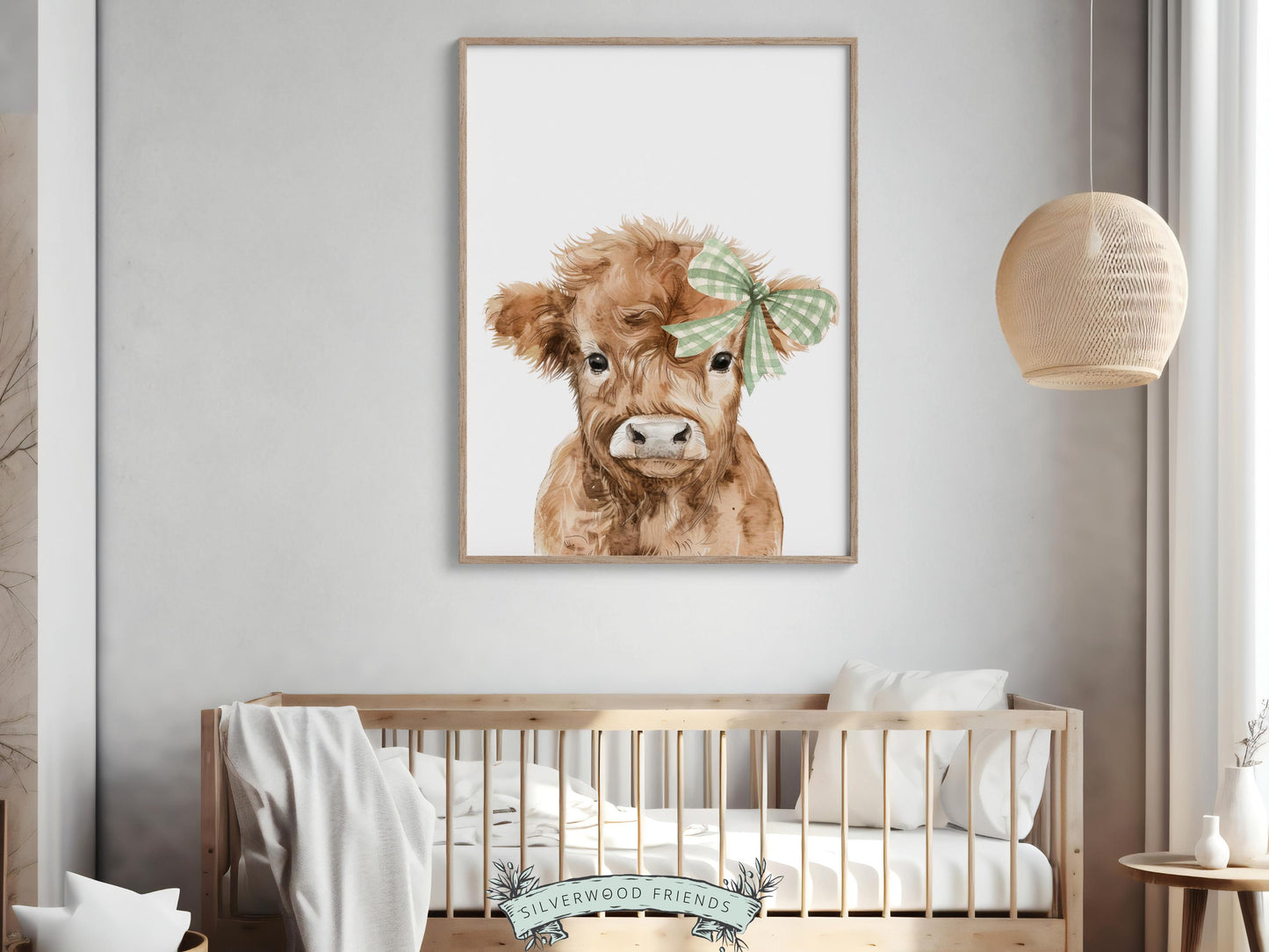 Highland Cow Nursery Print, Sage Green Highland Cow Nursery Decor, Highland Cow Gift Kids Farm Room Wall Decor, Watercolor Cow Digital Print
