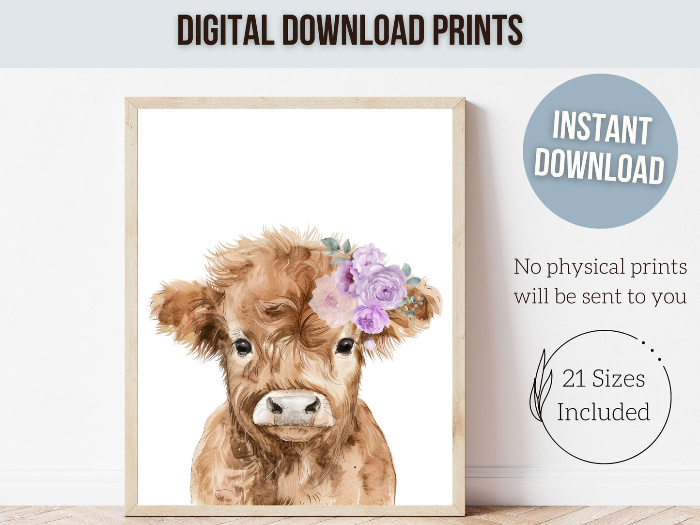 Highland Cow Nursery Print, Baby Girl Highland Cow Nursery Decor, Highland Cow Gift Kids Farm Room Wall Decor, Watercolor Cow Digital Print