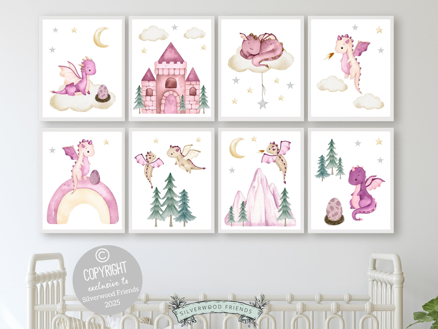 Set of 8 Baby Dragon Nursery Prints, showcasing adorable baby dragons soaring through a star-filled sky, surrounded by clouds, a radiant moon, and a majestic castle and forest in a delightful pink and woodland green colour palette.