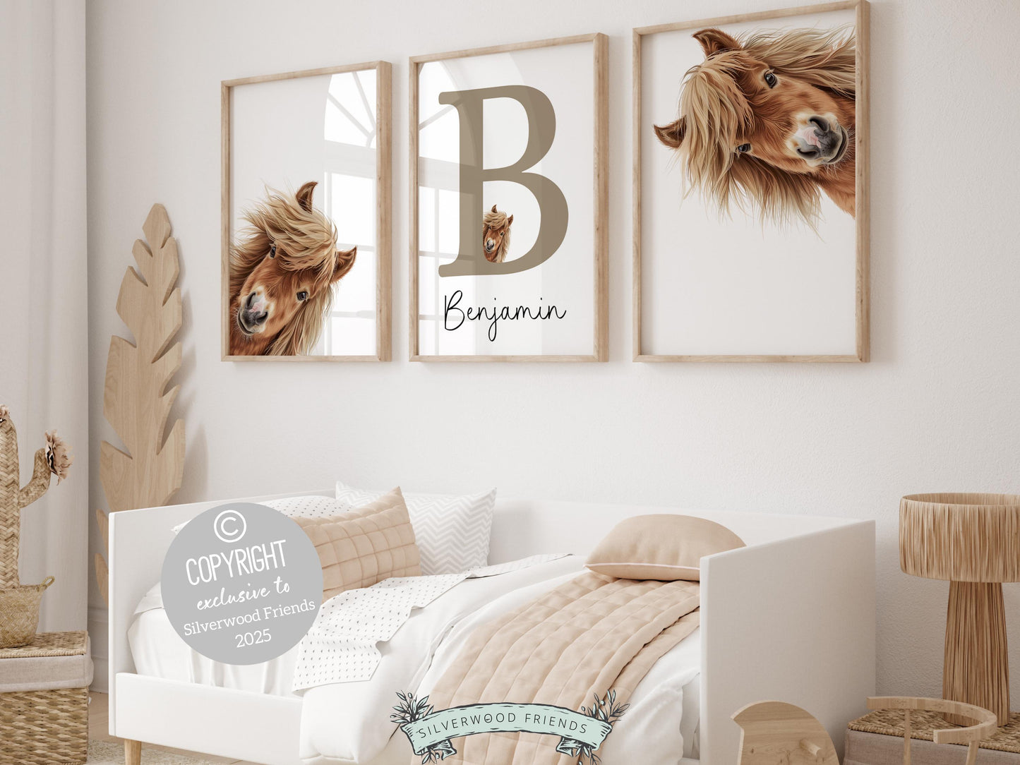 Our delightful minimalist Set of 3 Peeking Horse Custom Name Nursery Prints features adorable peeking horses with a custom letter and name in your choice of color.