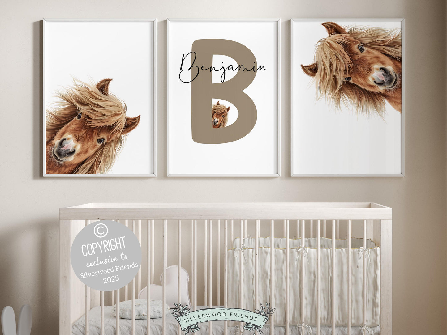 Our delightful minimalist Set of 3 Peeking Horse Custom Name Nursery Prints features adorable peeking horses with a custom letter and name in your choice of color.