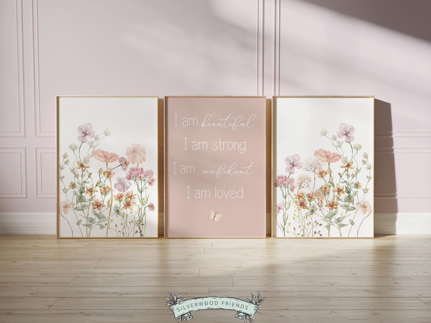 Girls Affirmation Wildflower Nursery Prints, Boho Floral Wildflower Nursery Wall Art, I Am Loved Positive Affirmations Poster Digital Print