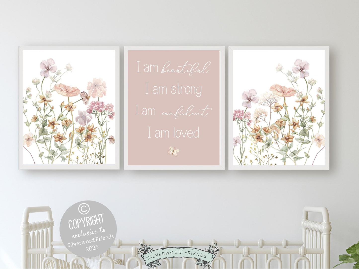 Girls Affirmation Wildflower Nursery Prints, Boho Floral Wildflower Nursery Wall Art, I Am Loved Positive Affirmations Poster Digital Print