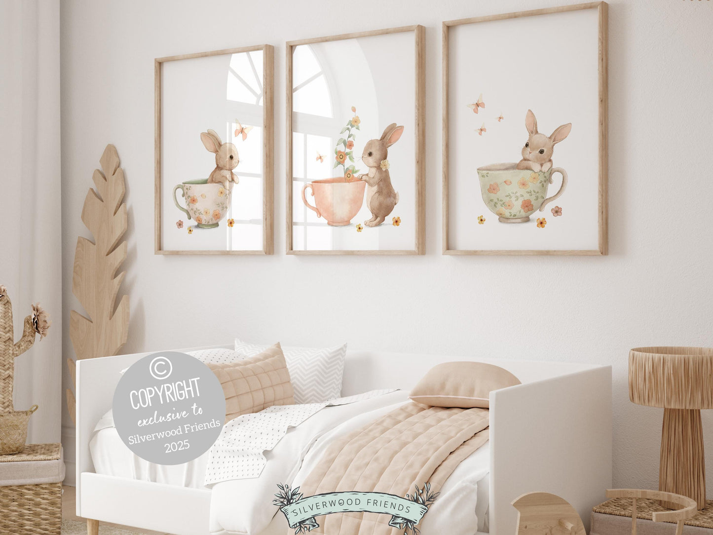 Our gorgeous Bunny Nursery Prints with watercolor bunny rabbits, wildflowers and butterflies, is perfect for your little girls wildflower nursery decor or Easter decor, and also makes a unique baby shower gift.