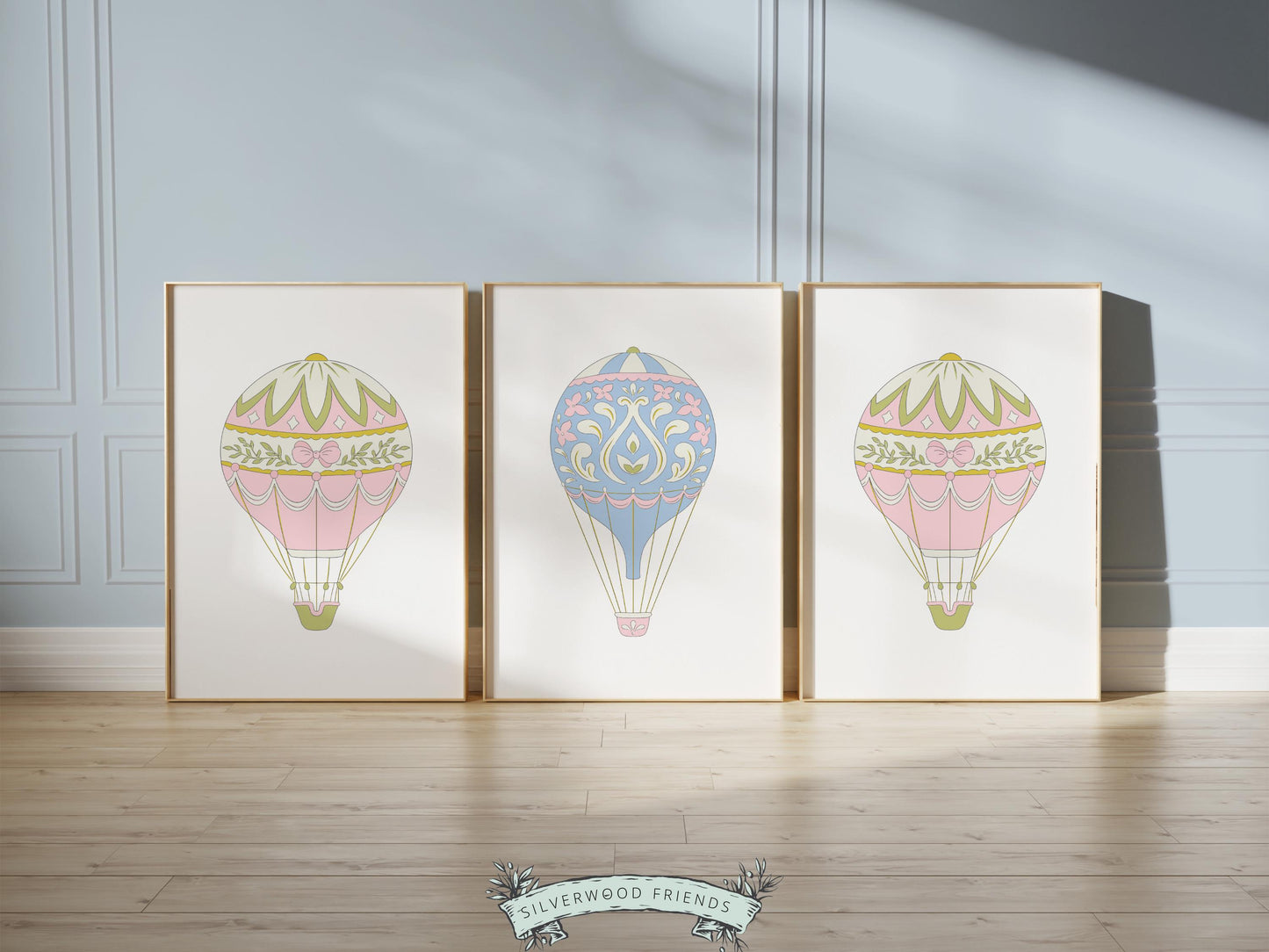 Pink Blue Hot Air Balloon Nursery Prints, Nursery Wall Art, Girl's Nursery Decor, Transport Room Wall Decor, Baby Girl Nursery Digital Print
