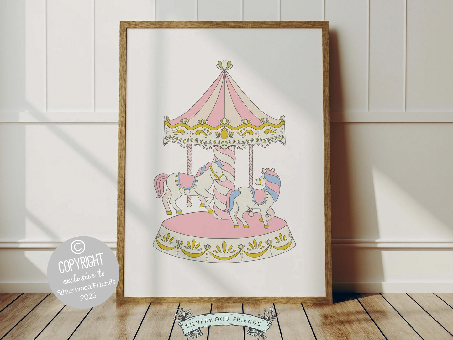 Carousel Nursery Prints, Pink Nursery Wall Art, Girl's Horse Nursery Decor, Theme Park Carnival Wall Decor, Preppy Room Decor Digital Print