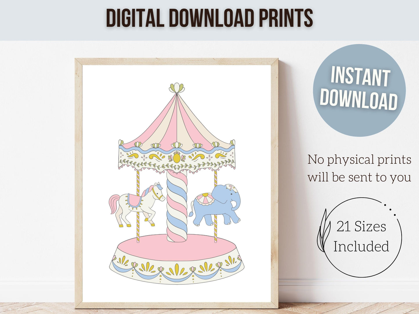 Carousel Nursery Prints, Pink Nursery Wall Art, Girl's Horse Nursery Decor, Kids Elephant Room Wall Decor, Preppy Room Decor Digital Print