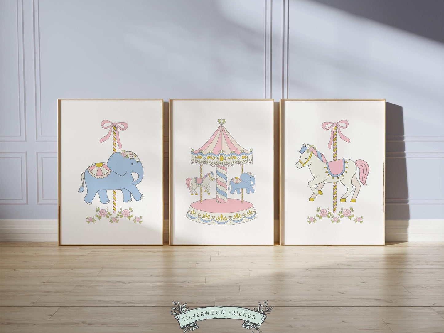 Carousel Nursery Prints, Pink Nursery Wall Art, Girl's Horse Nursery Decor, Kids Elephant Room Wall Decor, Preppy Room Decor Digital Print