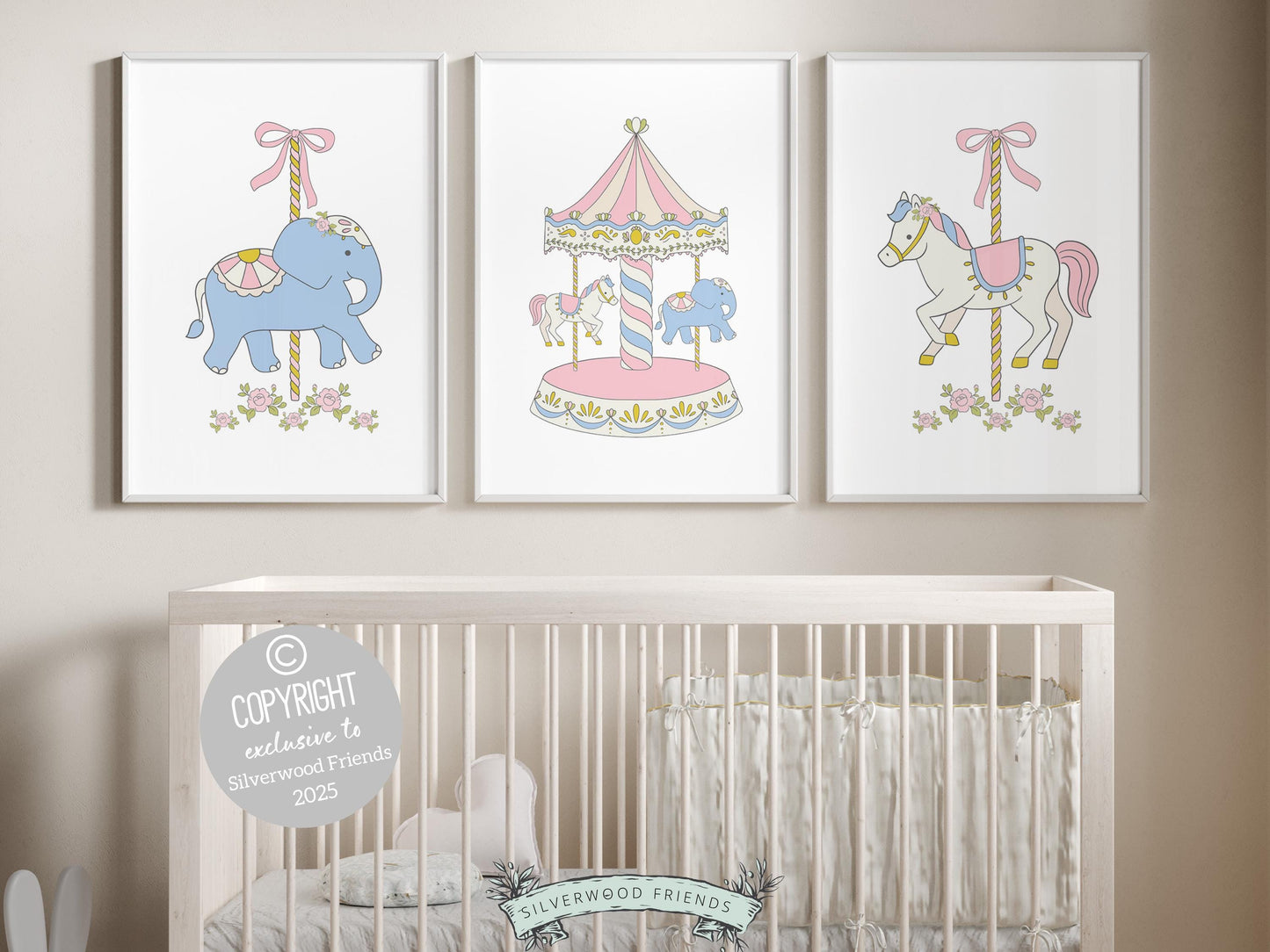 Carousel Nursery Prints, Pink Nursery Wall Art, Girl's Horse Nursery Decor, Kids Elephant Room Wall Decor, Preppy Room Decor Digital Print