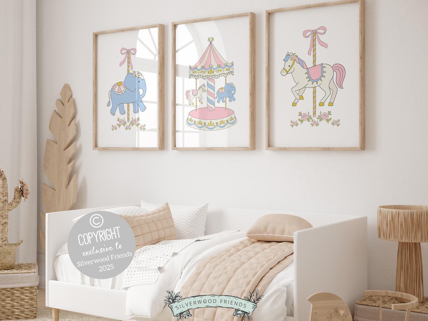 Carousel prints featuring delicate pastel pink and blue tones with beautifully detailed carousel horses and elephants. Perfect for adding a touch of whimsy to your baby girls nursery decor or as a unique and thoughtful baby shower gift!