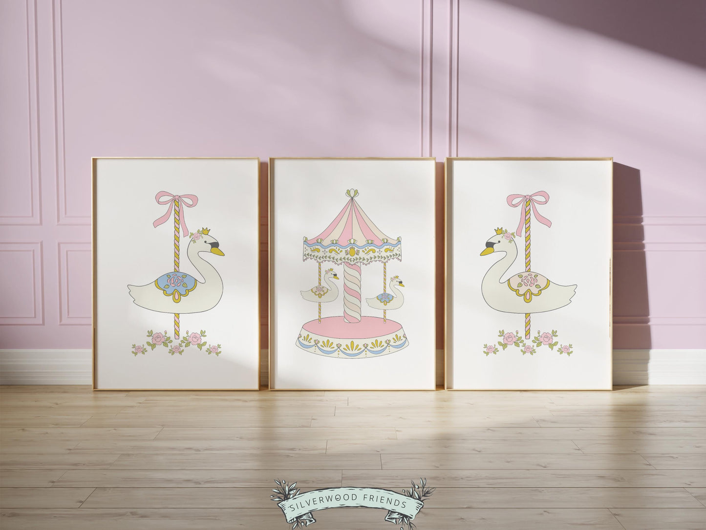 Carousel Nursery Prints, Nursery Wall Art, Girl's Swan Nursery Decor, Kids Carnival Room Wall Decor, Fairytale Princess Decor Digital Print