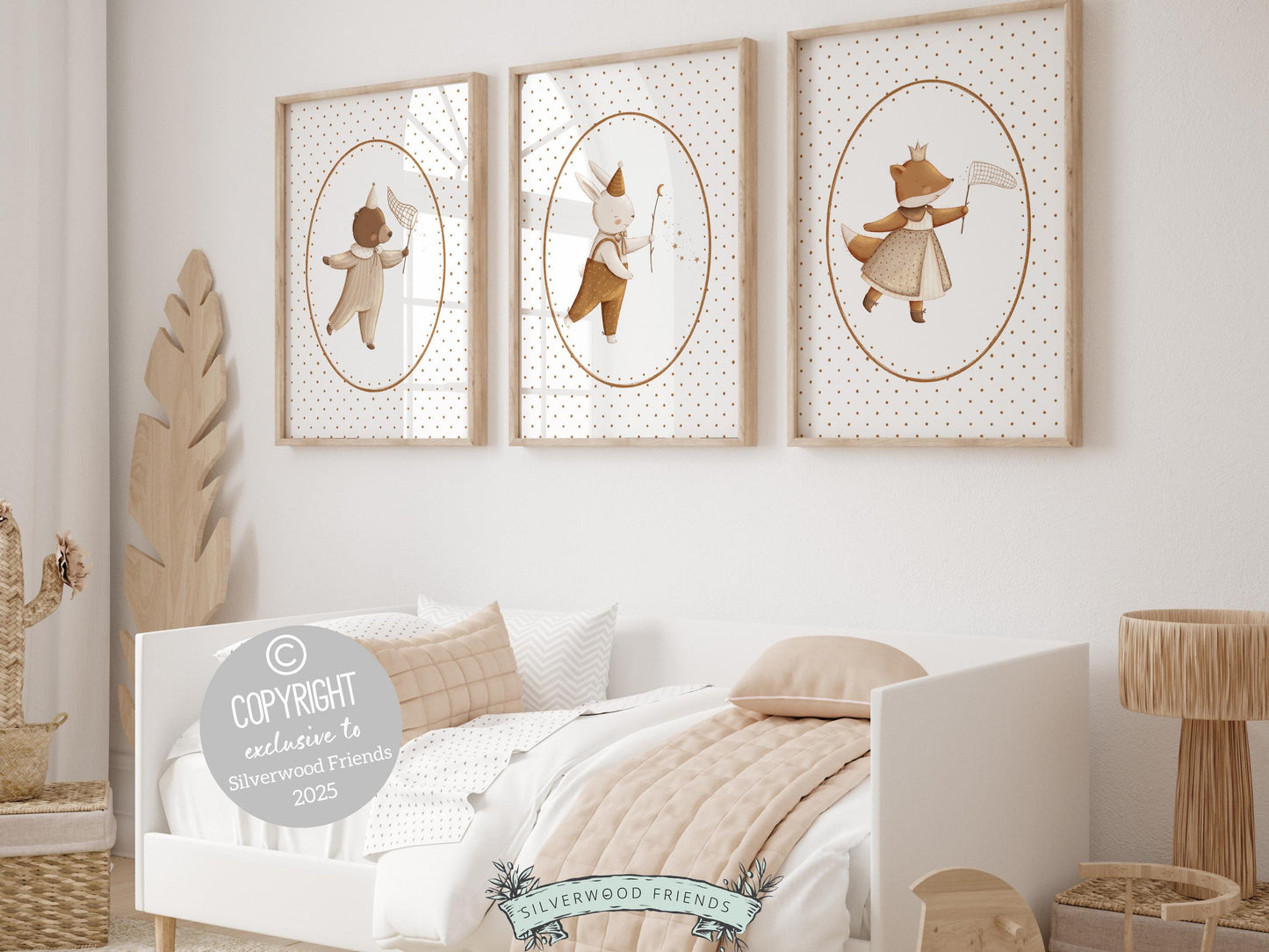 Our delightful Set of 3 Vintage Woodland Nursery Prints features adorable woodland bear, bunny and fox with neutral beige/brown spots. Perfect for your baby bear nursery decor or woodland nursery decor and also makes a unique baby shower gift.