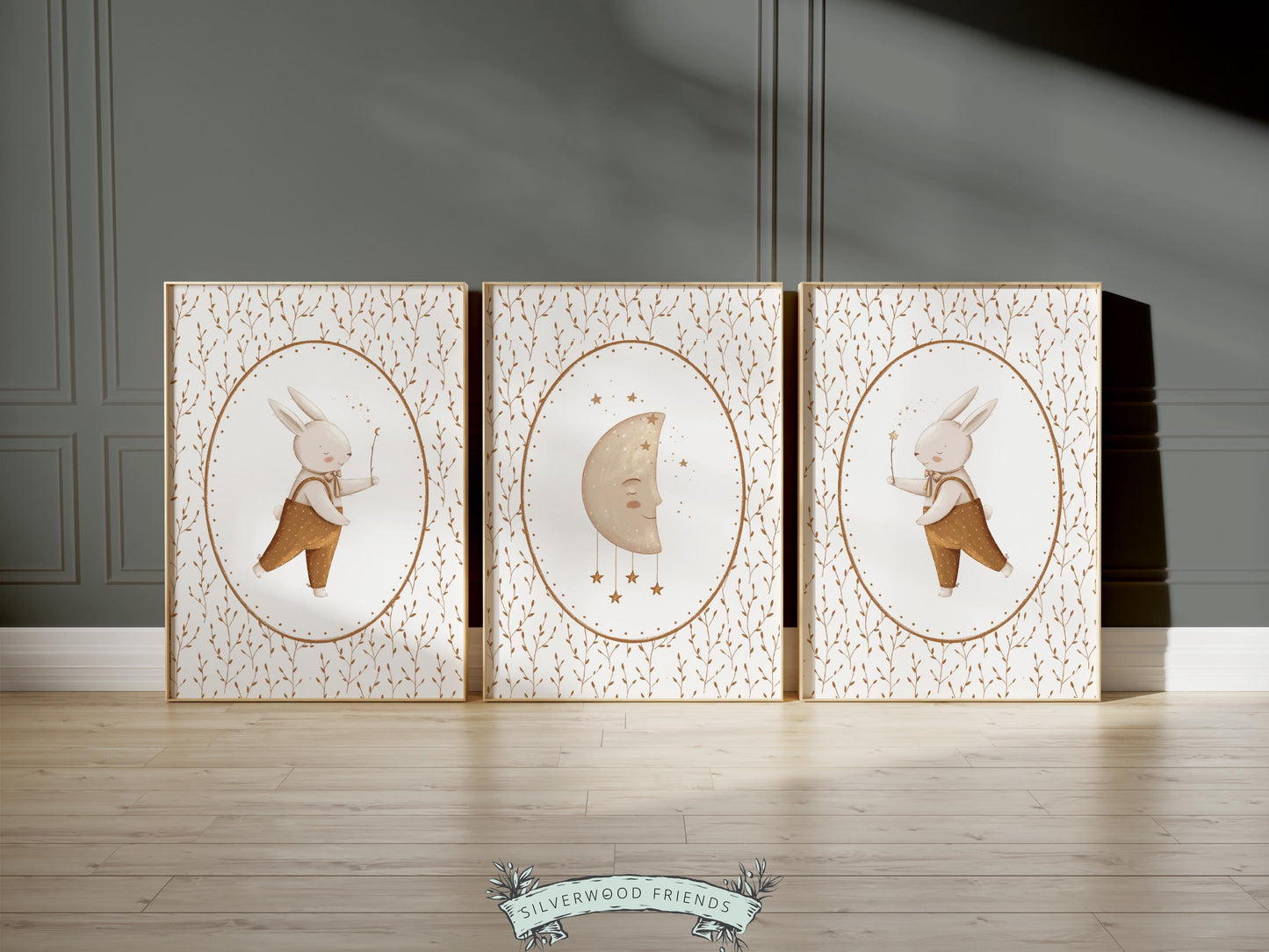 Woodland Bunny Nursery Prints, Woodland Animal Nursery Decor, Neutral Boho Woodland Bunny Nursery Wall Art, Moon Star Nursery Digital Print