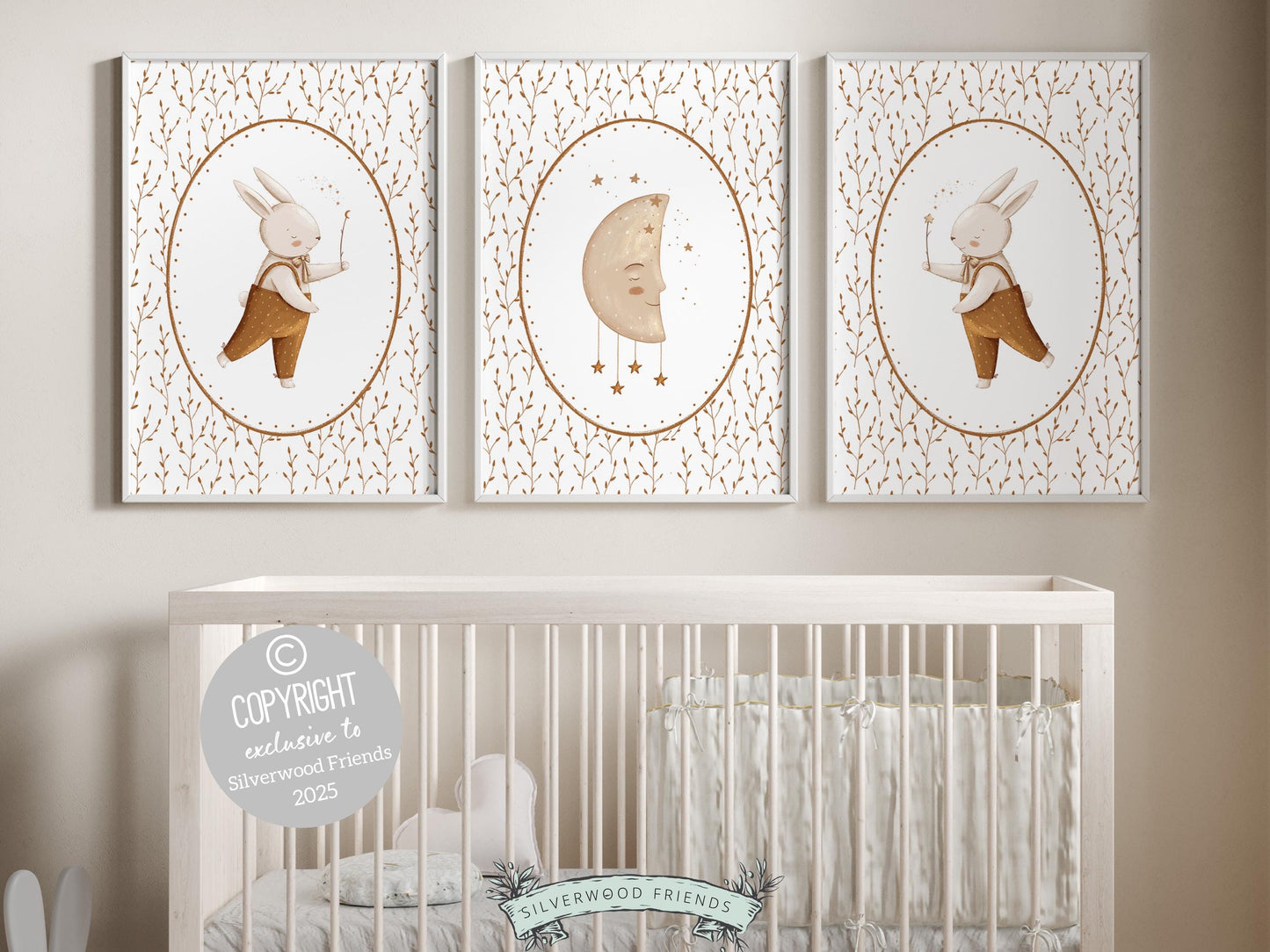 Our delightful Set of 3 Vintage Woodland Nursery Prints features adorable bunny rabbits and moon with stars with neutral beige/brown leaf pattern. Perfect for your woodland nursery decor and also makes a unique baby shower gift.