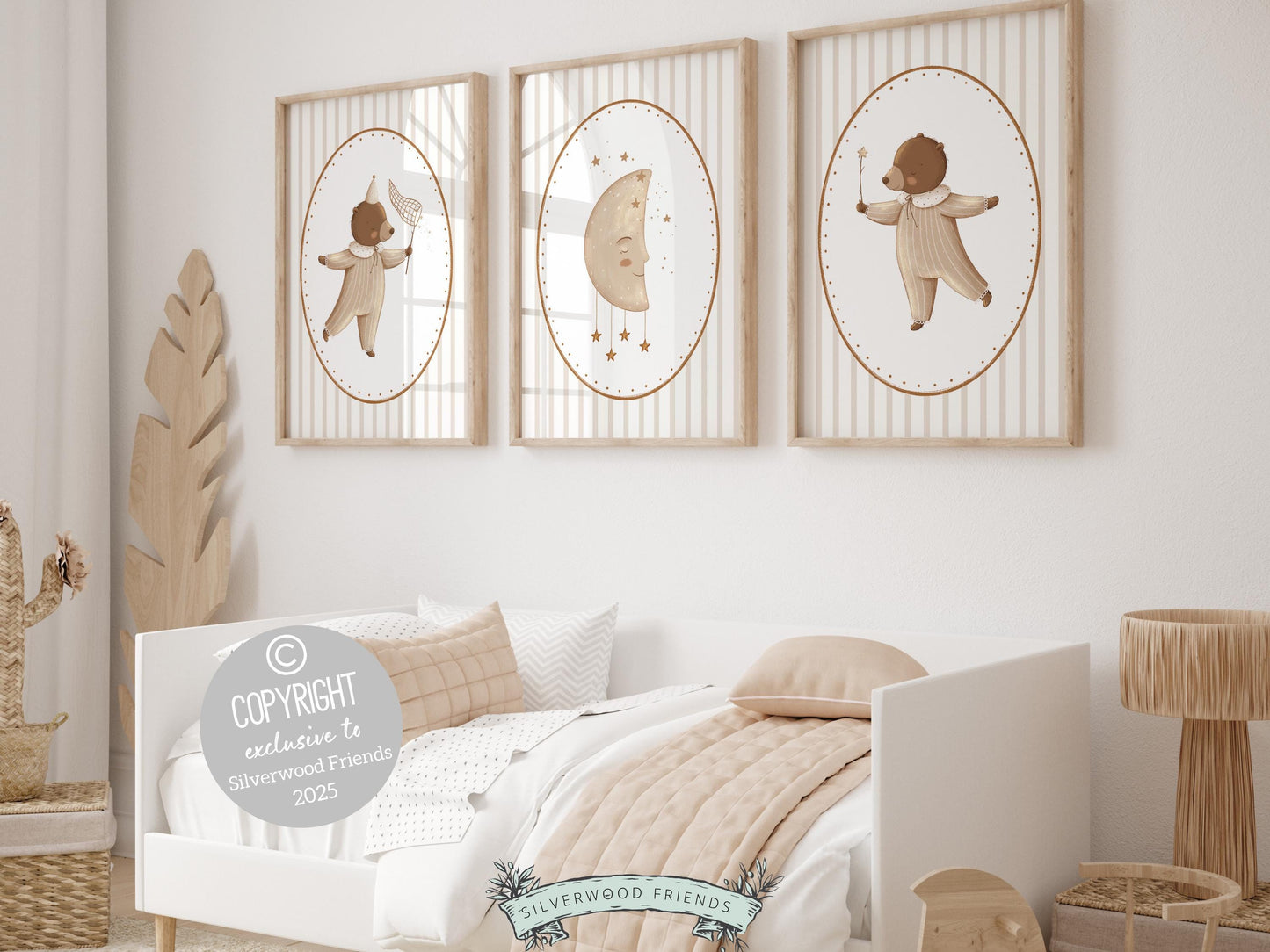 Set of 3 Bear Nursery Prints features adorable baby brown bears with starts and the moon with beige and white chinoiserie stripes. Perfect for your bear nursery decor or woodland nursery decor and makes a unique baby shower gift
