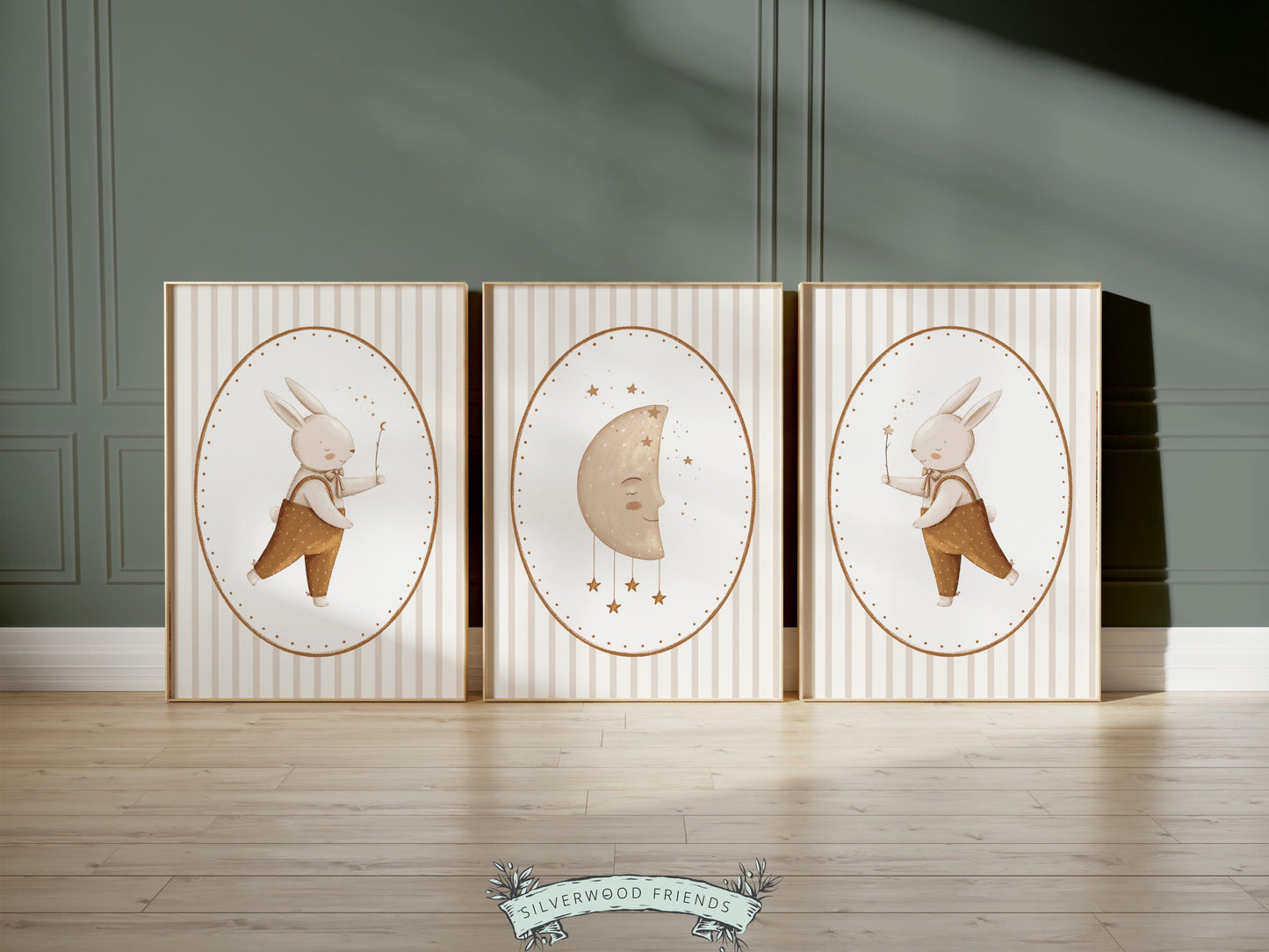Bunny Nursery Prints, Beige Brown Woodland Bunny Rabbit Nursery Decor, Bunny Moon Star Nursery Wall Art Unisex Neutral Nursery Digital Print