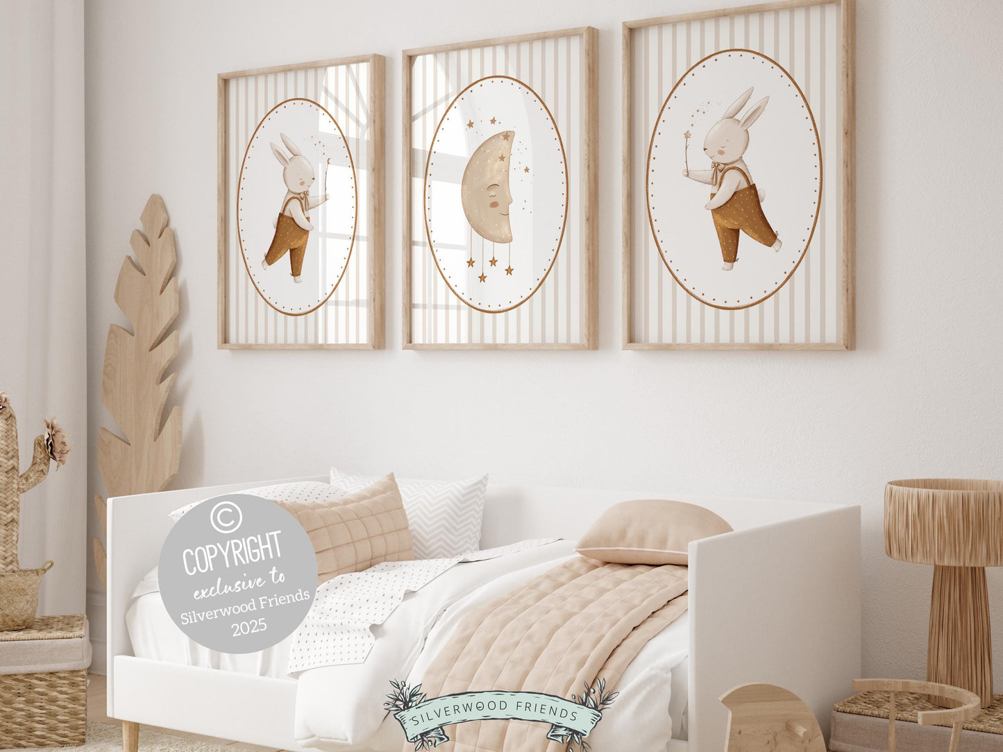 Set of 3 Bunny Nursery Prints features adorable bunnies with starts and the moon with beige and white chinoiserie stripes. Perfect for your bunny rabbit nursery decor or woodland nursery decor and also makes a unique baby shower gift.
