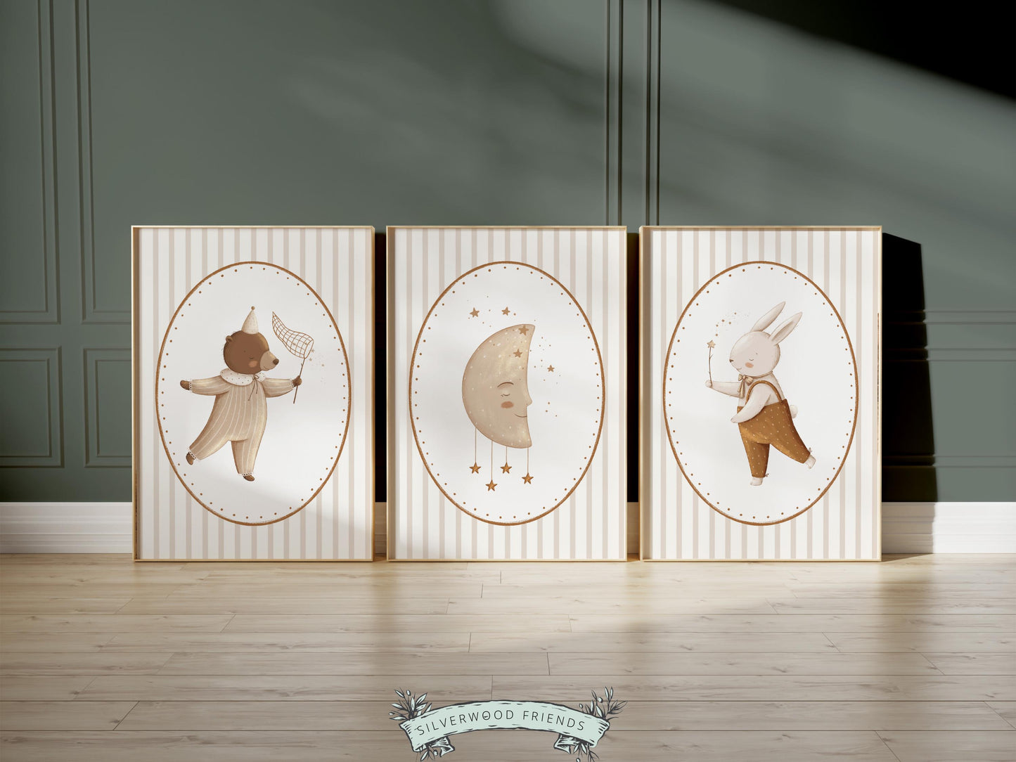Bear Bunny Nursery Prints, Beige Brown Woodland Bear Bunny Nursery Decor, Teddy Bear Nursery Wall Art Unisex Neutral Nursery Digital Print