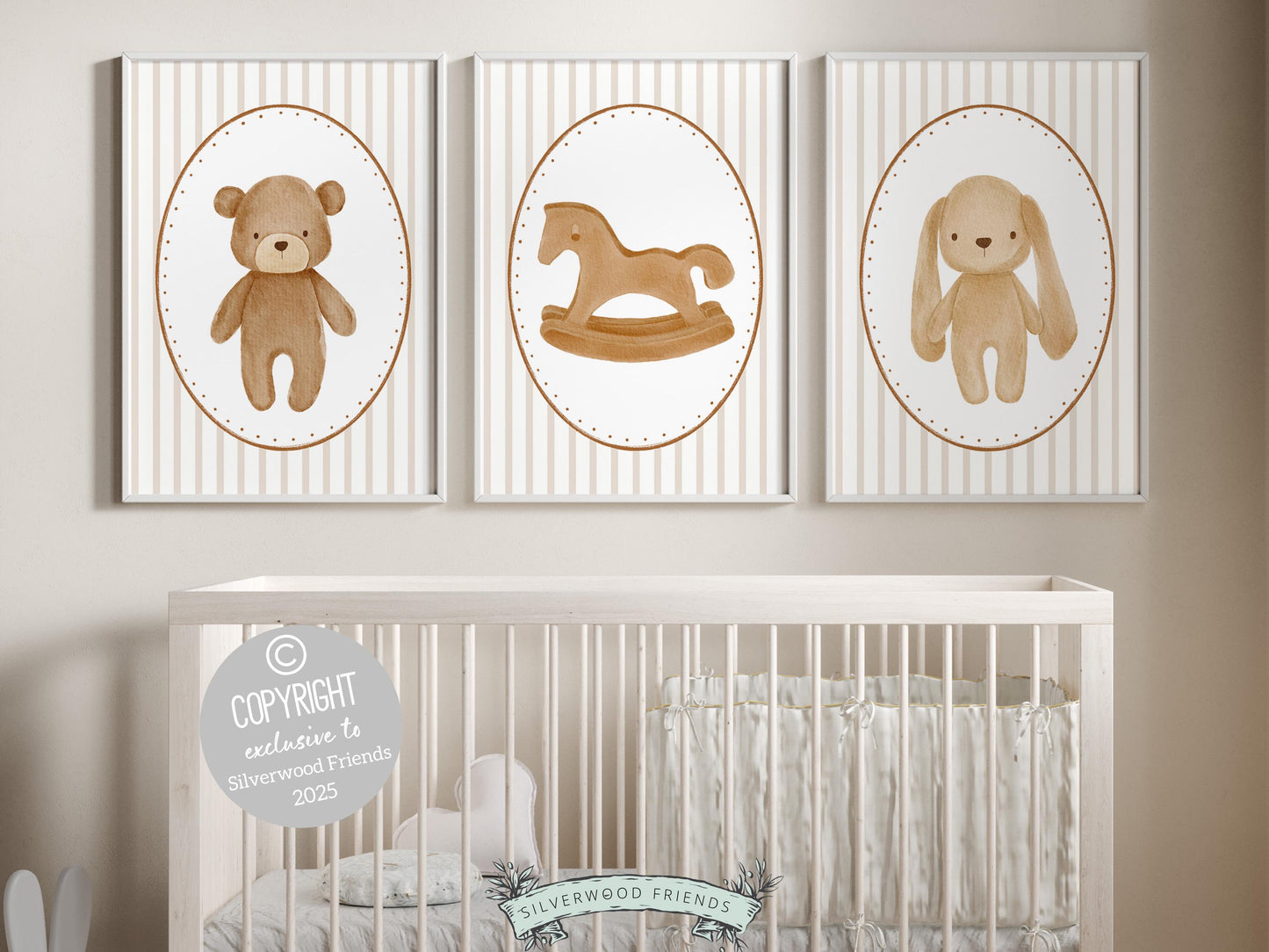 Baby Bear Nursery Prints, Vintage Woodland Teddy Bear Bunny Nursery Decor, Teddy Bear Nursery Wall Art Neutral Unisex Nursery Digital Print