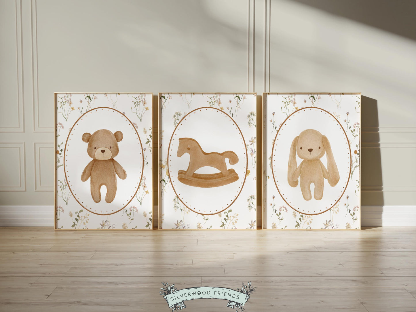 Baby Bear Nursery Prints, Vintage Woodland Teddy Bear Bunny Nursery Decor, Teddy Bear Nursery Wall Art Neutral Unisex Nursery Digital Print