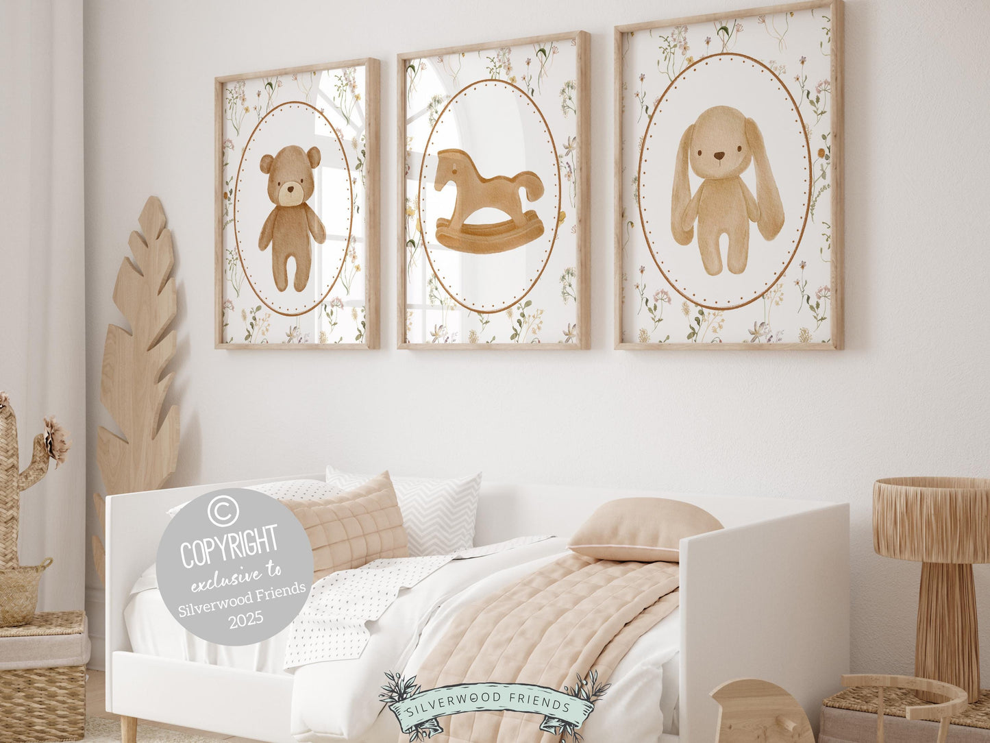 Baby Bear Nursery Prints, Vintage Woodland Teddy Bear Bunny Nursery Decor, Teddy Bear Nursery Wall Art Neutral Unisex Nursery Digital Print