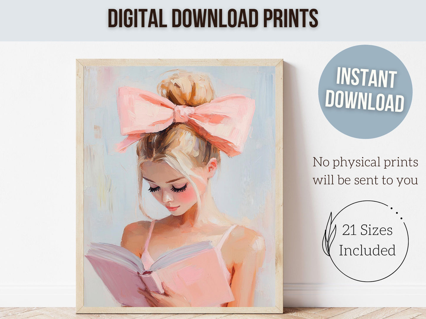 Blonde Girl Reading Poster Print, Pastel Book Nook Library Wall Art Print, Pink Girly Bookish Library Decor Apartment Wall Art Digital Print