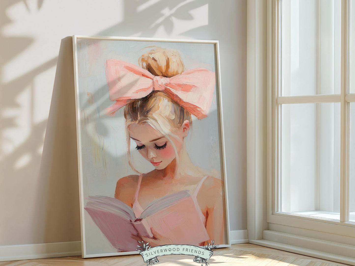 Blonde Girl Reading Poster Print, Pastel Book Nook Library Wall Art Print, Pink Girly Bookish Library Decor Apartment Wall Art Digital Print