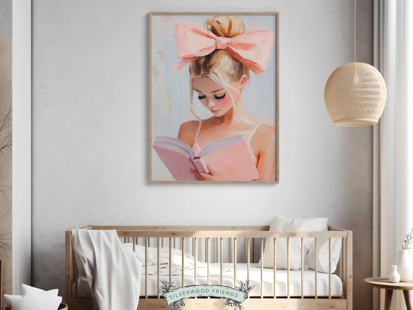 Blonde Girl Reading Poster Print, Pastel Book Nook Library Wall Art Print, Pink Girly Bookish Library Decor Apartment Wall Art Digital Print