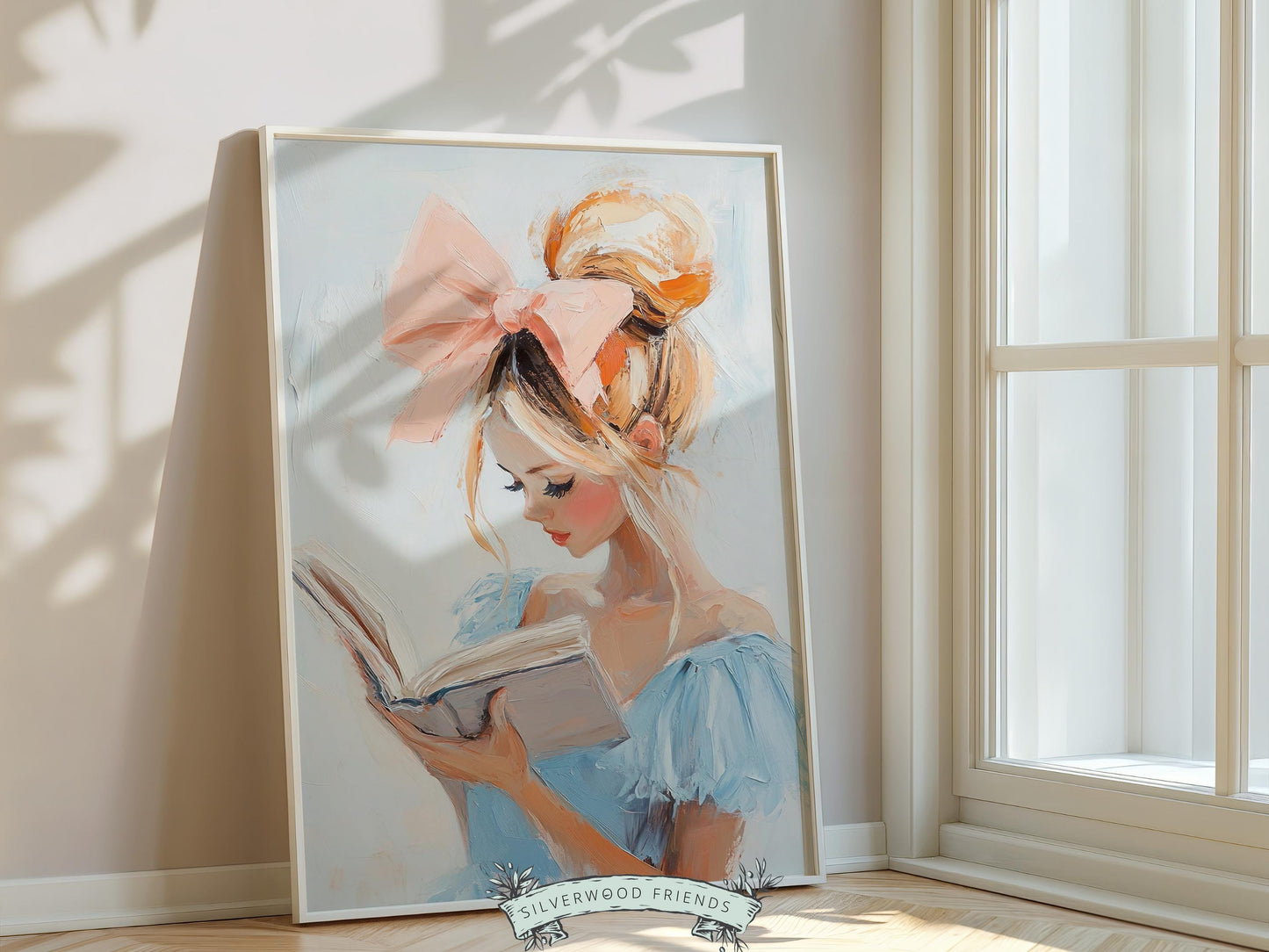 Blonde Girl Reading Painting, Pastel Blue Book Nook Wall Art Print, Girly Kids Room Bookish Wall Decor Reading Playroom Poster Digital Print