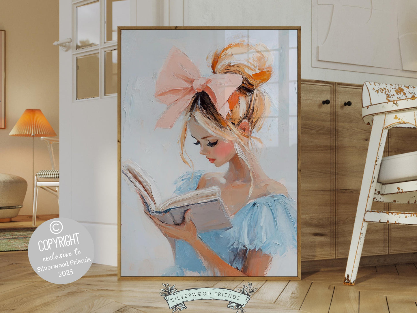 Blonde Girl Reading Painting, Pastel Blue Book Nook Wall Art Print, Girly Kids Room Bookish Wall Decor Reading Playroom Poster Digital Print