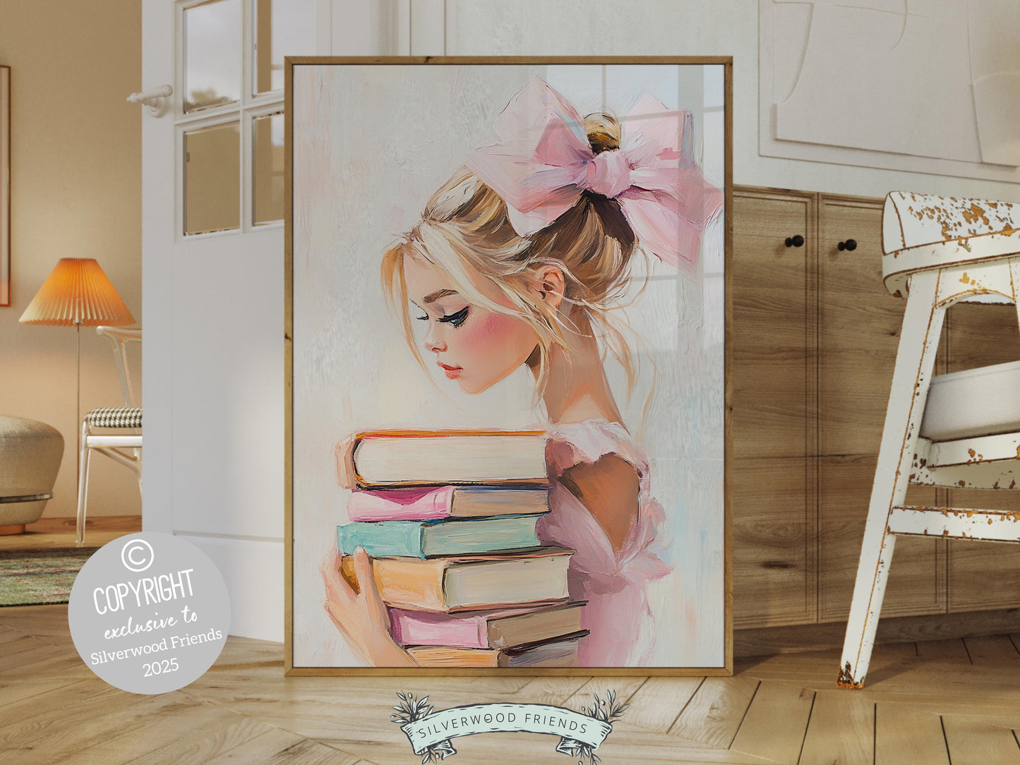 Blonde Girl Reading Poster Print, Pastel Book Nook Library Wall Art Print, Pink Girly Bookish Library Decor Apartment Wall Art Digital Print