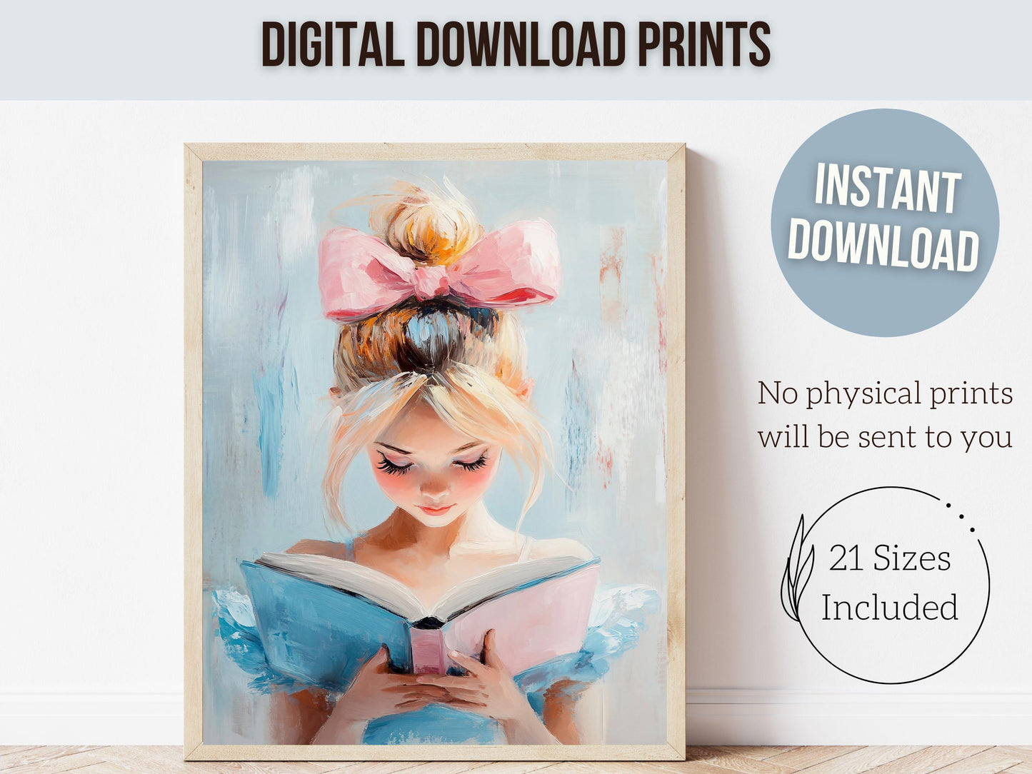 Pastel Reading Print, Pastel Book Nook Library Wall Art Print, Pink Blue Girly Bookish Library Decor, Princess Reading Nursery Digital Print