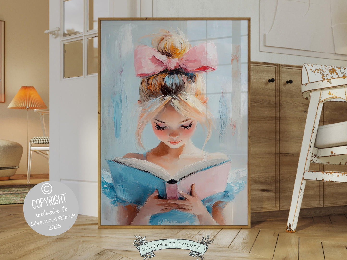 Pastel Reading Print, Pastel Book Nook Library Wall Art Print, Pink Blue Girly Bookish Library Decor, Princess Reading Nursery Digital Print