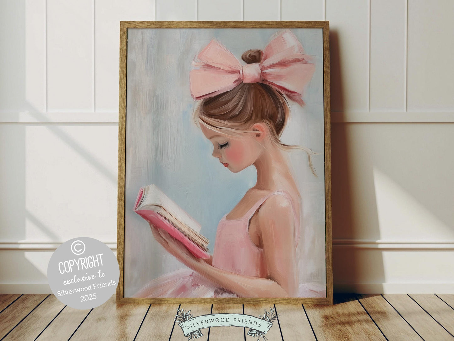 Elevate your space with this trendy pastel pink print, designed in a dreamy oil painting style. Featuring a chic brunette girl reading a book, complete with a statement pink bow in her hair, this artwork exudes playful charm.