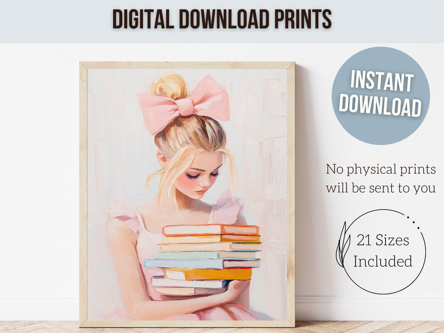 Blonde Girl Reading Poster Print, Pastel Book Nook Library Wall Art Print, Pink Girly Bookish Library Decor, Dorm Room Decor Digital Print