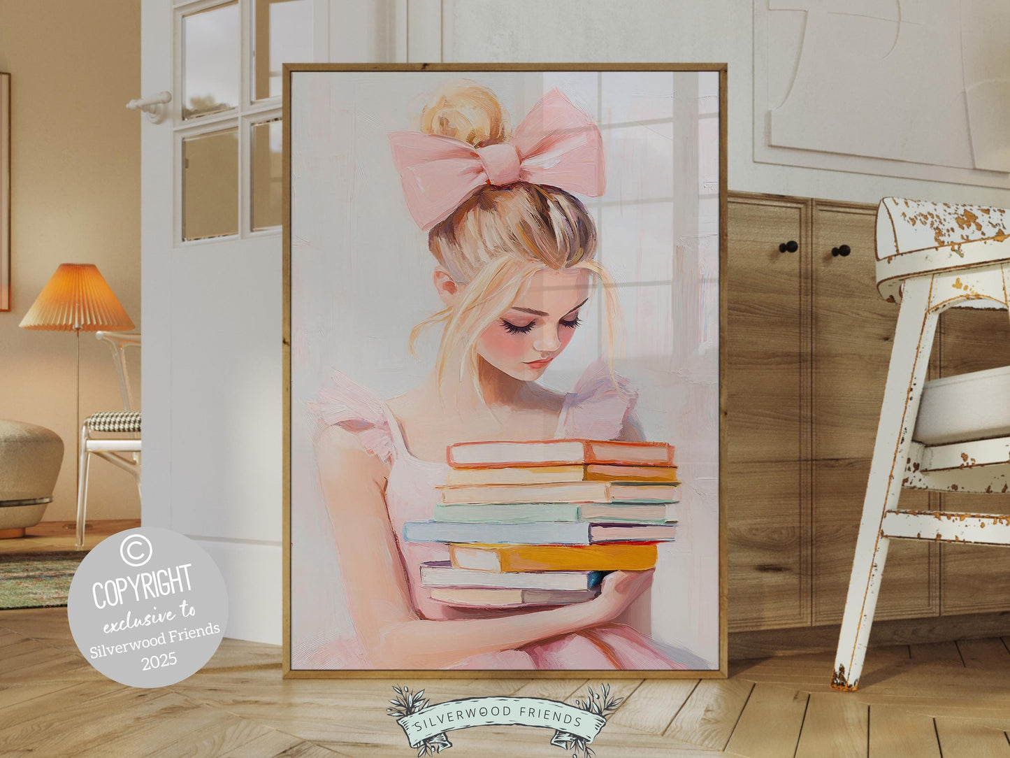 Blonde Girl Reading Poster Print, Pastel Book Nook Library Wall Art Print, Pink Girly Bookish Library Decor, Dorm Room Decor Digital Print