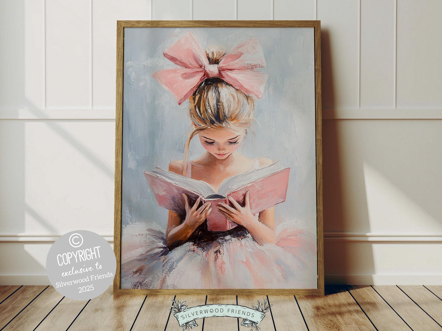 Elevate your space with this trendy pastel pink print, designed in a dreamy oil painting style. Featuring a little blonde girl reading a book, complete with a statement pink bow in her hair, this artwork exudes playful charm.