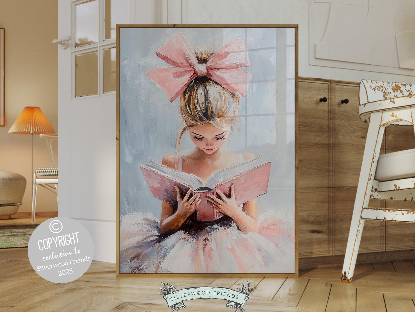Blonde Girl Reading Poster Print, Pastel Book Nook Library Wall Art Print, Pink Girly Bookish Library Decor, Reading Nursery Digital Print