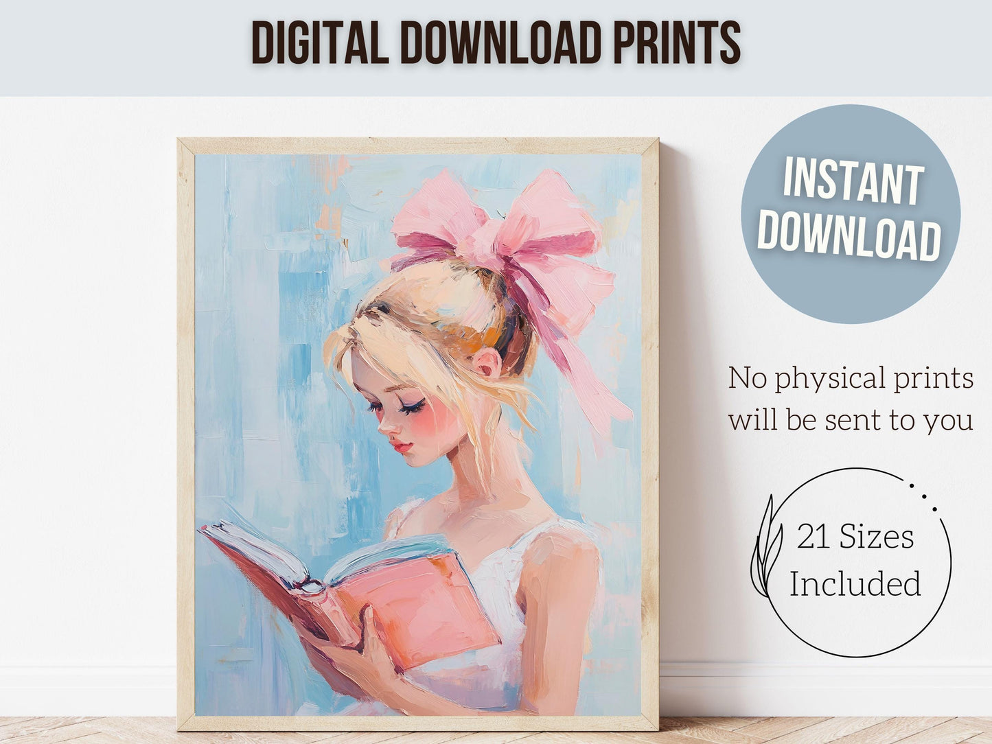 Blonde Girl Reading Poster Print, Pastel Book Nook Library Wall Art Print, Pink Girly Bookish Library Decor, Preppy Dorm Room Digital Print