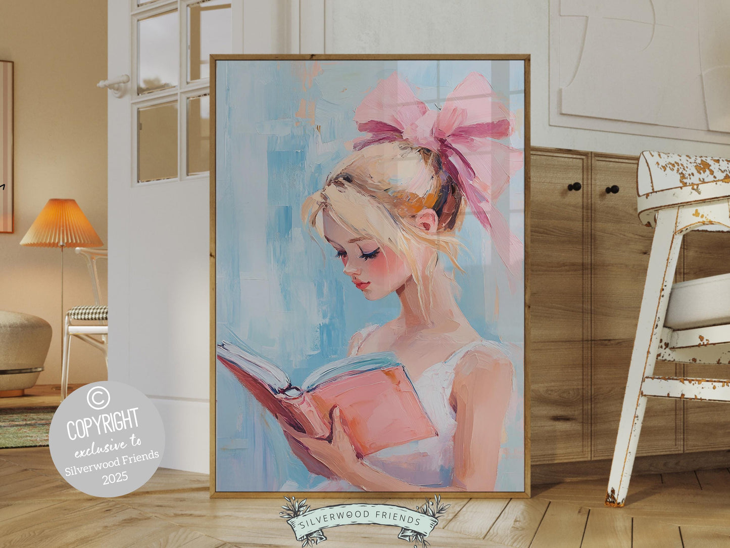 Blonde Girl Reading Poster Print, Pastel Book Nook Library Wall Art Print, Pink Girly Bookish Library Decor, Preppy Dorm Room Digital Print