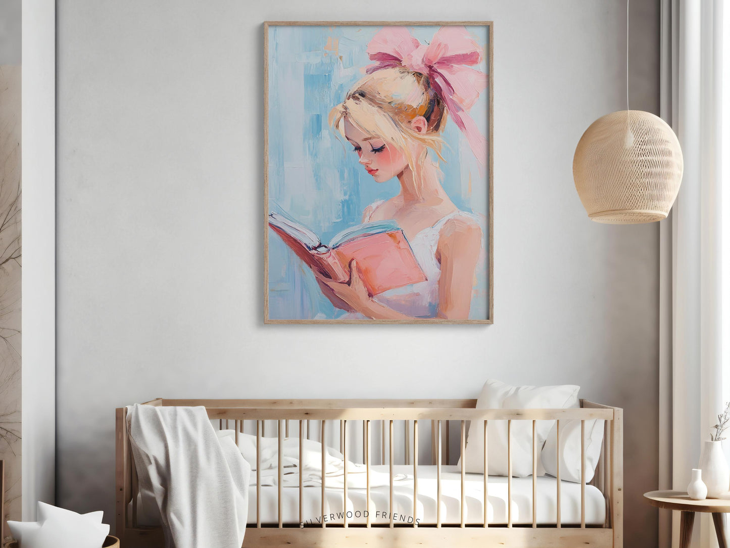 Blonde Girl Reading Poster Print, Pastel Book Nook Library Wall Art Print, Pink Girly Bookish Library Decor, Preppy Dorm Room Digital Print