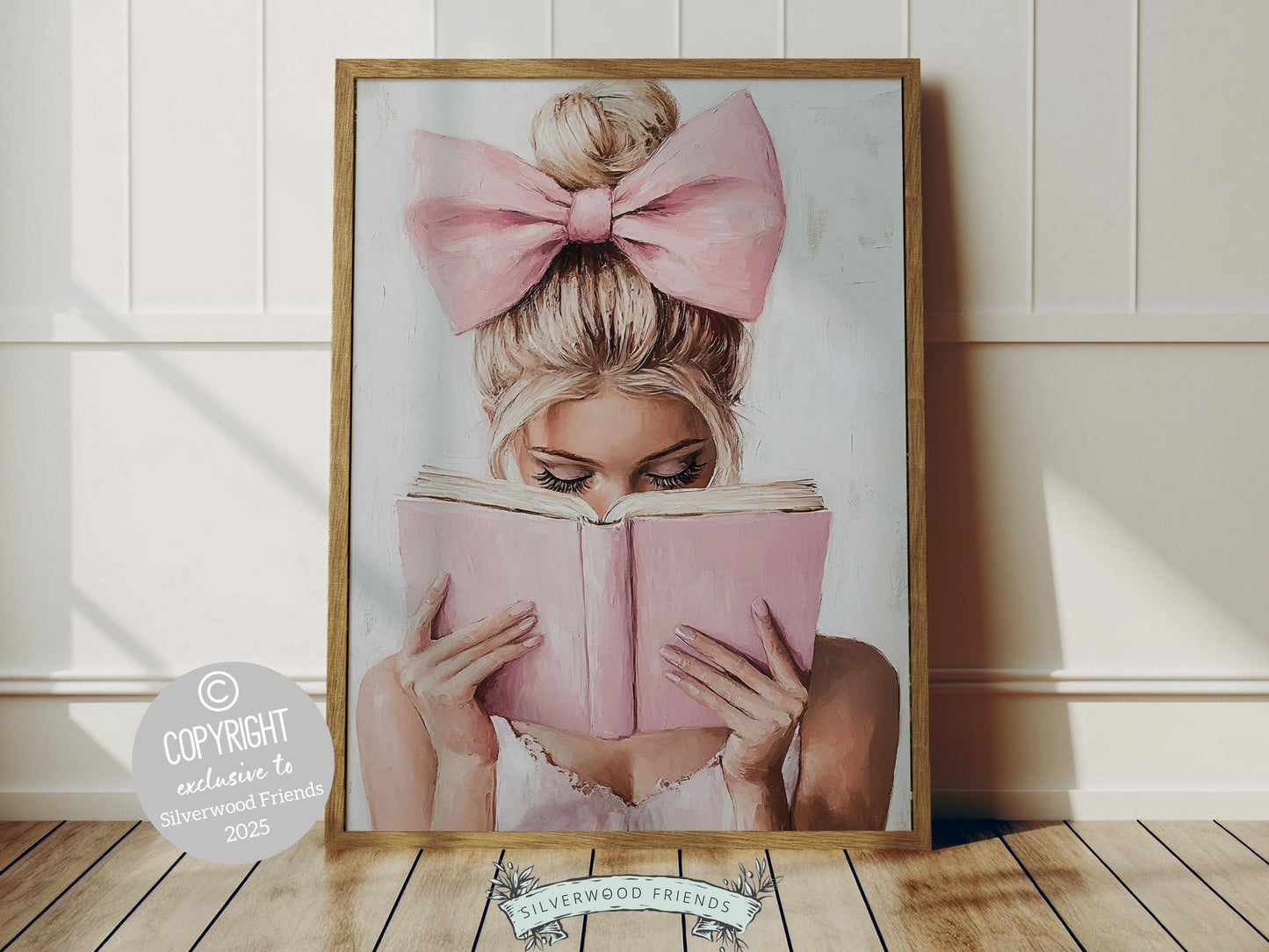 This charming pastel pink print, designed in a soft oil painting style, features a blonde girl, deeply engrossed in her favourite book. With its whimsical and delicate aesthetic, it’s perfect for adding a playful yet elegant touch