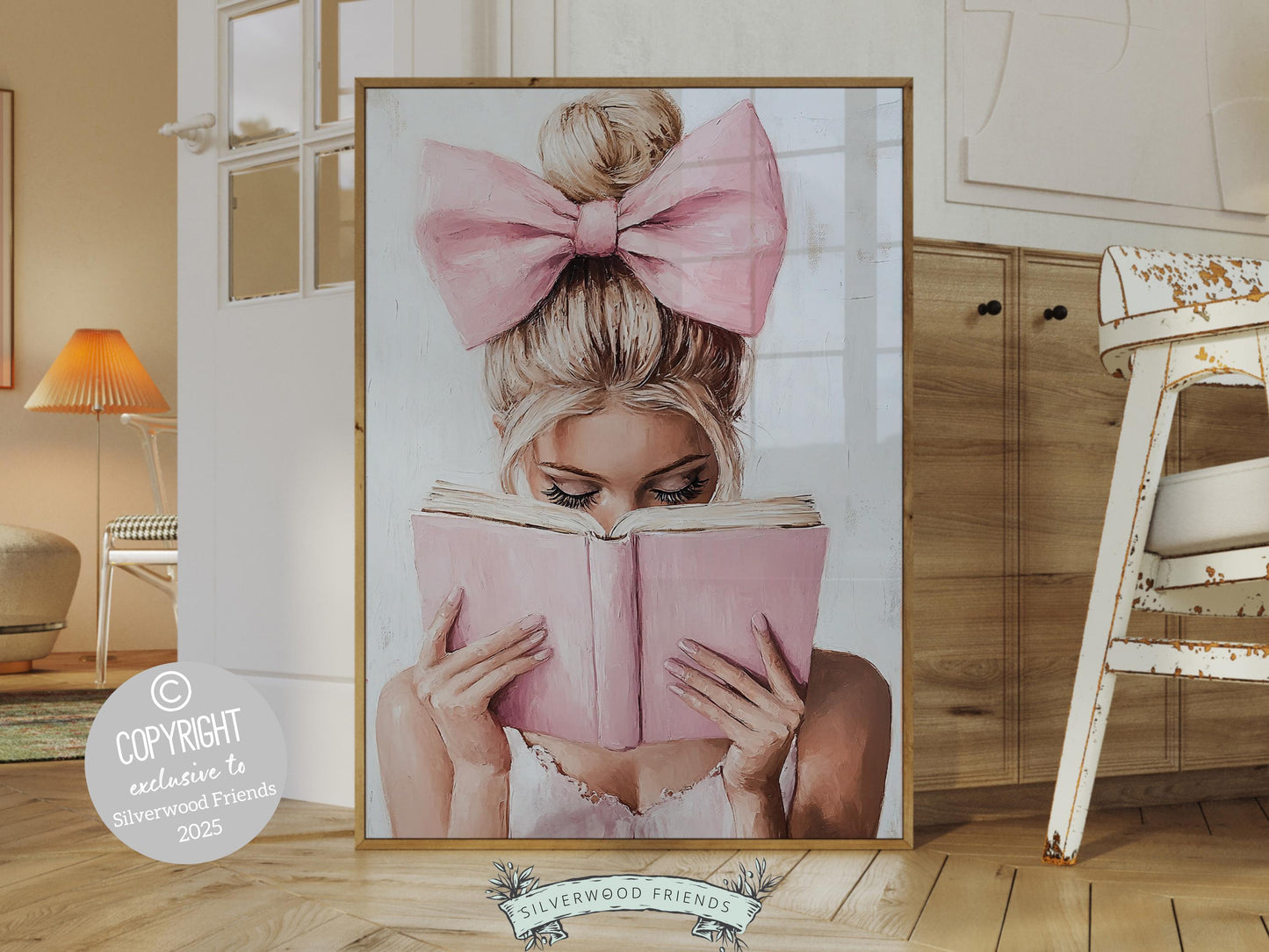 Blonde Girl Reading Poster Print, Pastel Book Nook Wall Art Print, Pink Girly Bookish Library Wall Decor, Reading Dorm Room Digital Print